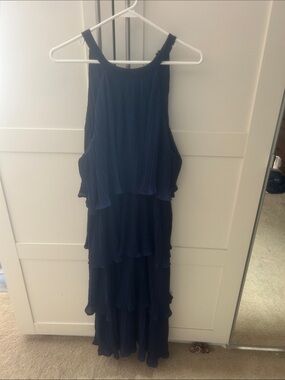 Navy Tiered Pleated Maxi Dress - Sleeveless Ruffle Layers